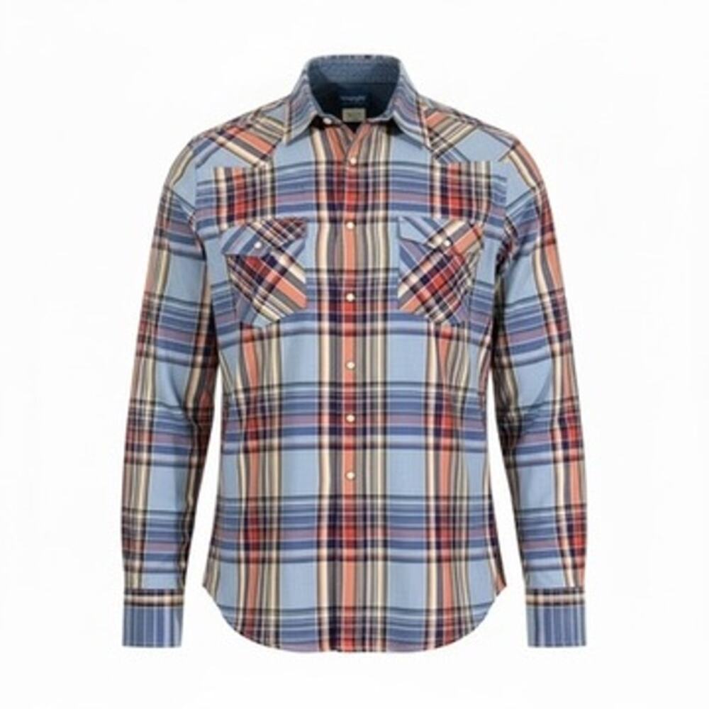 Vintage 90's Wrangler Western Plaid Pearl Snap Shirt Faded Denim Wash Cowboy